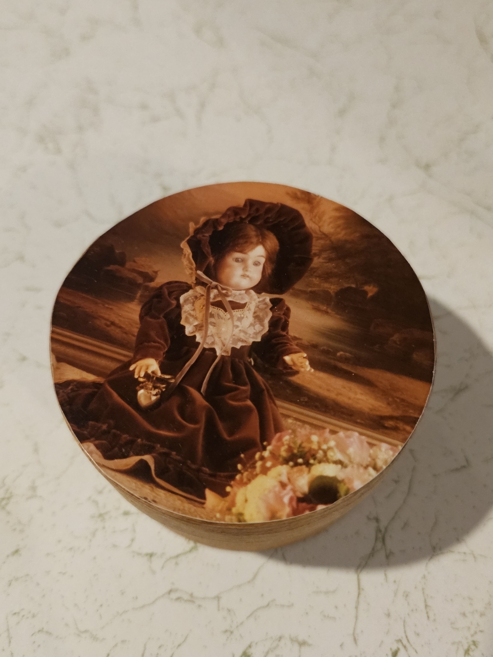 Decorative Round Keepsake Box with Vintage Doll Image - Brown